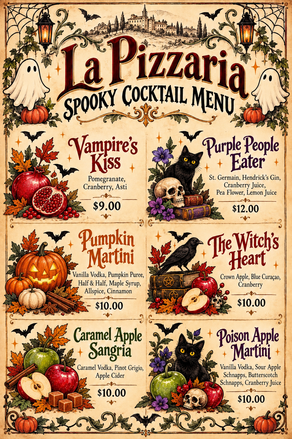 La Pizzaria Spooky Cocktail Menu: Vampire's Kiss $9, Purple People Eater $12, Pumpkin Martini $10, The Witch's Heart $10, Caramel Apple Sangria $10, and Poison Apple Martini $10.